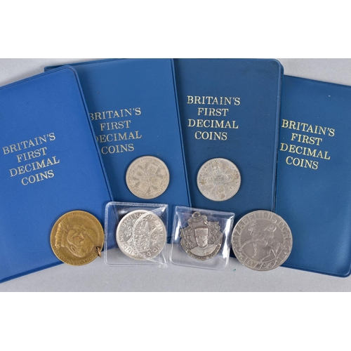 266 - A SMALL BOX CONTAINING BRITAINS FIRST DECIMAL SETS X 4, a 1946 halfcrown, two florins to include a F... 