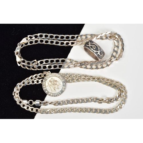 28 - A MODERN SILVER COLLECTION OF JEWELLERY, to include a two curb link chains, both measuring 500mm, a ... 