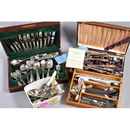 301 - TWO CANTEENS OF SILVER PLATED CUTLERY AND LOOSE SILVER AND PLATE, including five Victorian silver te... 