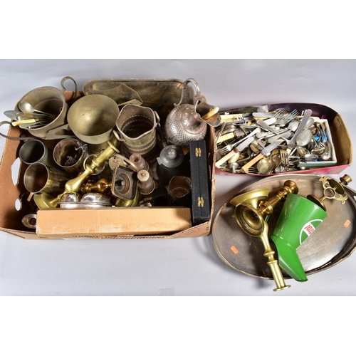 302 - A BOX OF METALWARES, including brass candlesticks, Castrol oil jug, silver plate, etc (quantity)