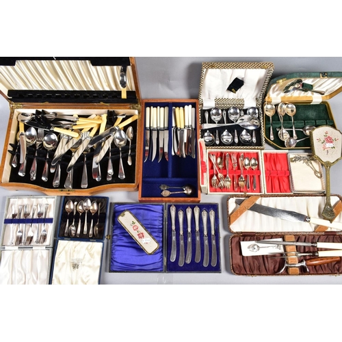 303 - A BOXED OF CASED CUTLERY, including white metal coffee spoons, oak cased canteen, and two petit poin... 