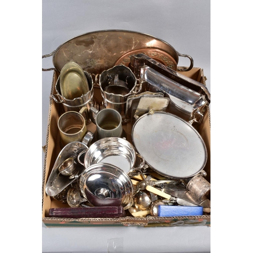 308 - A BOX OF SILVER PLATE ETC, to include a twin handled tray, entree dish and cover, warming stand, loo... 