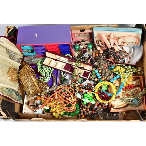 317 - A BOX OF COSTUME JEWELLERY, to include bead necklaces, further necklaces, imitation pearl earrings, ... 