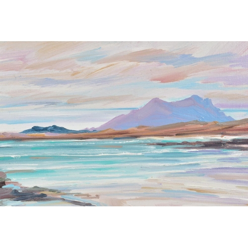 402 - TOM BARRON (BRITISH CONTEMPORARY) 'SUMMER LIGHT, SANNA BAY', a Scottish coastal landscape, signed bo... 