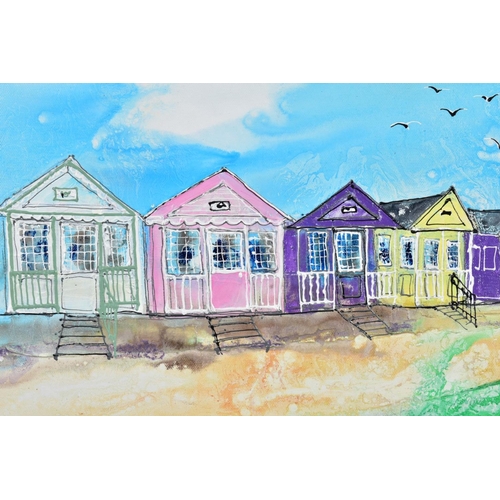 408 - KATHARINE DOVE (BRITISH CONTEMPORARY) 'BEACH HUTS II', colourful beach huts against a blue sky, init... 