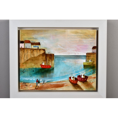 410 - KEITH ATHAY (BRITISH CONTEMPORARY) 'BOATS IN HARBOUR', a coastal harbour scene, signed lower left, m... 