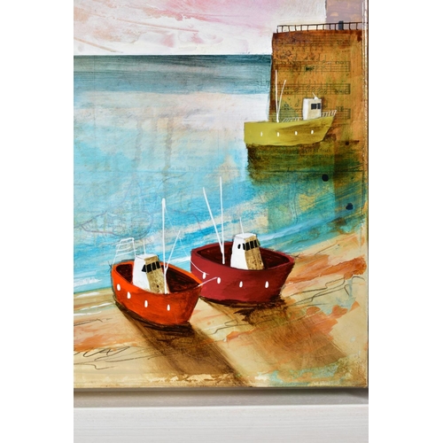 410 - KEITH ATHAY (BRITISH CONTEMPORARY) 'BOATS IN HARBOUR', a coastal harbour scene, signed lower left, m... 