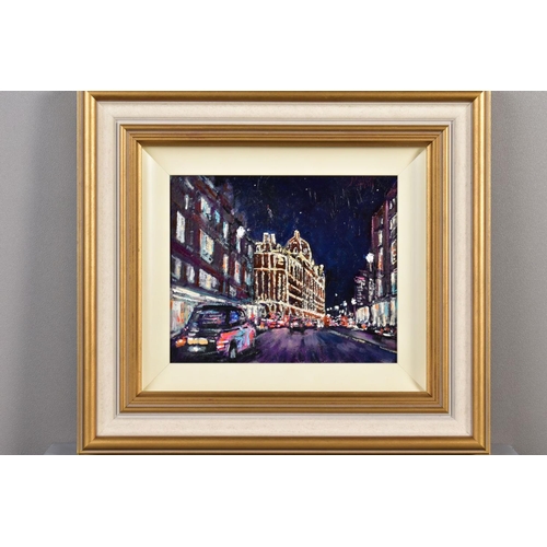 411 - TIMMY MALLETT (BRITISH CONTEMPORARY) 'HARRODS AT NIGHT', a London cityscape, signed top right, acryl... 