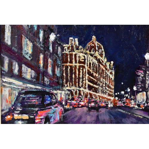 411 - TIMMY MALLETT (BRITISH CONTEMPORARY) 'HARRODS AT NIGHT', a London cityscape, signed top right, acryl... 