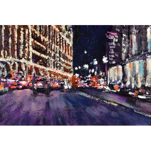 411 - TIMMY MALLETT (BRITISH CONTEMPORARY) 'HARRODS AT NIGHT', a London cityscape, signed top right, acryl... 