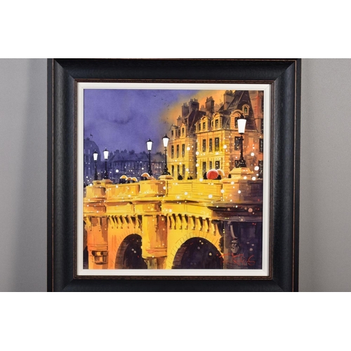 413 - PETER J RODGERS (BRITISH CONTEMPORARY) 'LAMPS ON THE BRIDGE II', a winter townscape, signed bottom r... 