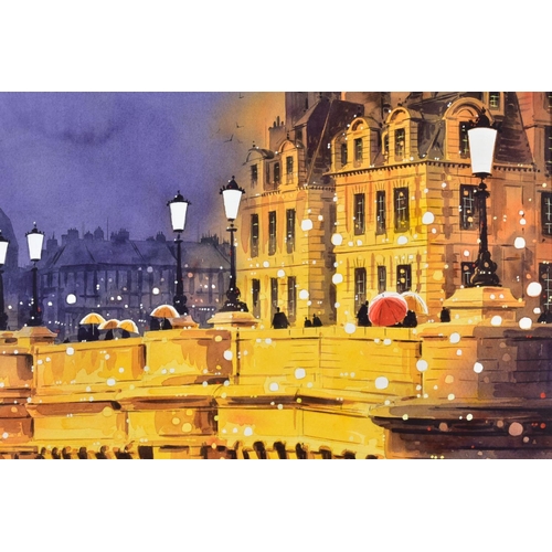 413 - PETER J RODGERS (BRITISH CONTEMPORARY) 'LAMPS ON THE BRIDGE II', a winter townscape, signed bottom r... 