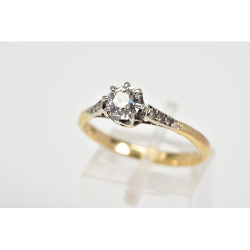 42 - A SINGLE STONE DIAMOND RING, the old cut diamond in an eight claw setting with diamond detail to the... 
