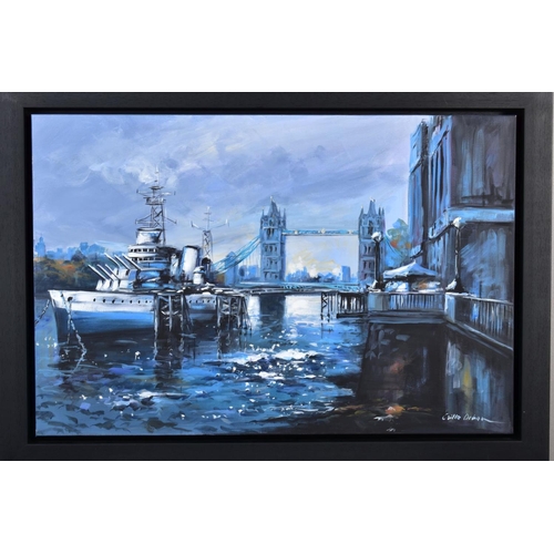 426 - CSILLA ORBAN (HUNGARY 1961) 'HMS BELFAST', a London cityscape signed bottom right, acrylic on canvas... 