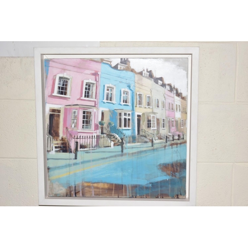 442 - CAMILLA DOWSE (BRITISH 1968) 'IS IT A BOY OR A GIRL' pink and blue town houses, signed centre right,... 