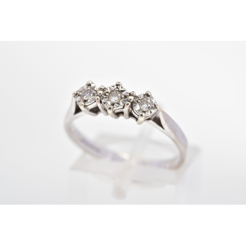48 - A 9CT WHITE GOLD THREE STONE DIAMOND RING, designed as three brilliant cut diamonds within illusion ... 