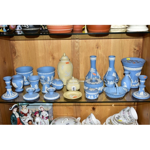 512 - A GROUP OF WEDGWOOD JASPERWARE, to include three pieces yellow prunus blossom trinkets/vase, etc (21... 