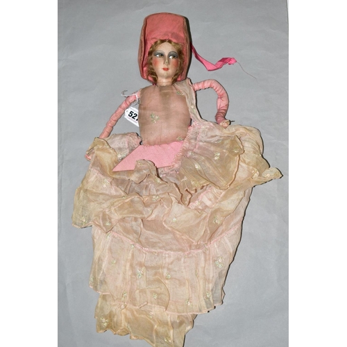 527 - A VINTAGE CLOTH FACED DOLL, head, arms and upper body only, painted features, original wig, some mar... 