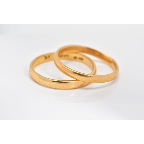 57 - TWO 22CT GOLD WEDDING BANDS, both approximately 2.5mm wide, first hallmarked Birmingham 1928, ring s... 