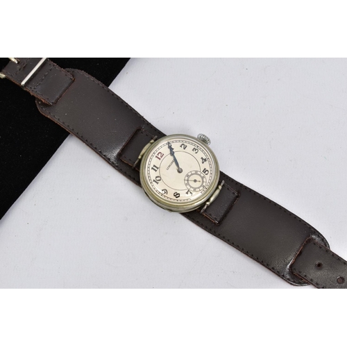 6 - A NICKEL PLATED LONGINES TRENCH STYLE WRIST WATCH, numbered 3306122, silver tone dial with Arabic nu... 