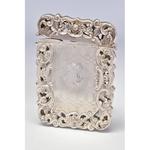 73 - A VICTORIAN SILVER CARD CASE OF PIERCED AND WAVY RECTANGULAR FORM, engine turned decoration with shi... 