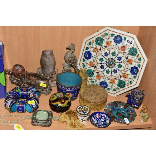 759 - VARIOUS CLOISONNE, SOAPSTONE ORNAMENTS, BOWLS ETC, to include eight cloisonne napkins, an octagonal ... 