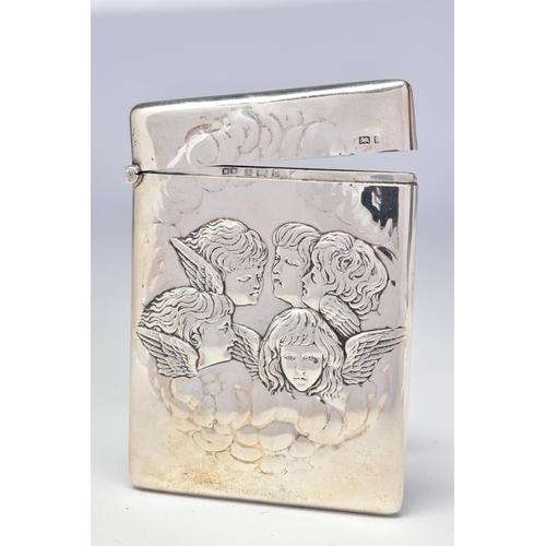 76 - AN EDWARDIAN SILVER CARD CASE OF RECTANGULAR FORM, repousse decorated with Reynolds Angels, maker He... 