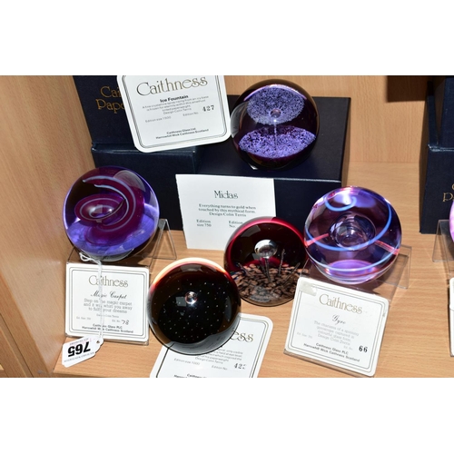 765 - FIVE BOXED CAITHNESS LIMITED EDITION PAPERWEIGHTS, 'Magic Carpet' No78/750, 'Ice Fountain' No427/150... 