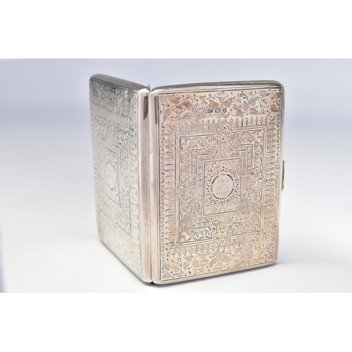 81 - A LATE VICTORIAN SILVER CARD CASE OF RECTANGULAR FORM, foliate and geometric engraved decoration to ... 