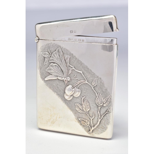 82 - AN EDWARDIAN SILVER CARD CASE OF RECTANGULAR FORM, the front decorated with a butterfly and cherries... 