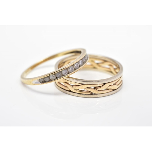 84 - A 9CT GOLD HALF ETERNITY RING AND A 9CT GOLD BAND RING, the half eternity ring channel set with a gr... 