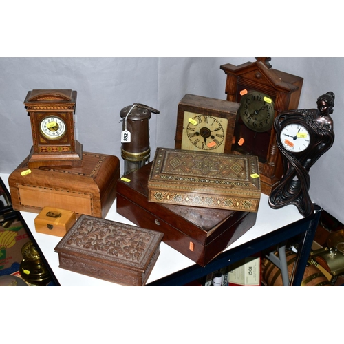 852 - A GROUP OF CLOCKS, BOXES, etc, to include a E Thomas & Williams Ltd miners lamp, a figural mantel cl... 