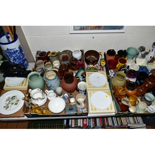 443 - FOUR BOXES AND LOOSE CERAMICS, WALKING STICKS ETC, to include a walking cane with a gold plated top,... 