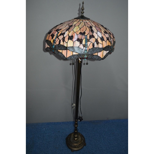 1688 - A TIFFANY STYLE STANDARD LAMP, with triple light fittings on a brassed base, diameter 53cm x height ... 