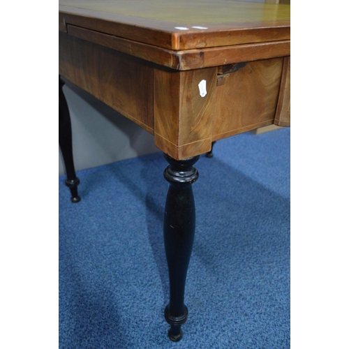 1691 - A 19TH CENTURY AND LATER WALNUT AND INLAID DRAW LEAF TABLE, with lime green and gilt tooled leather ... 