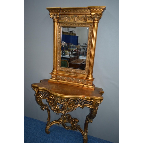 1692 - A REPRODUCTION CONTINENTAL GILT AND FIBRE GLASS CONSOLE TABLE, with foliate scrolls decoration, 104c... 