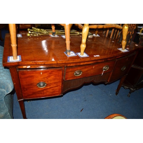 1679 - AN EARLY 19TH CENTURY MAHOGANY AND INLAID BOW FRONT SIDEBOARD, fitted with a single drawer above a r... 