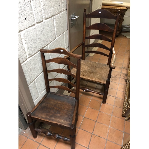 1682 - AN 18TH CENTURY ELM AND OAK LADDER BACK RUSH SEATED ELBOW CHAIR together with an early 19th Century ... 