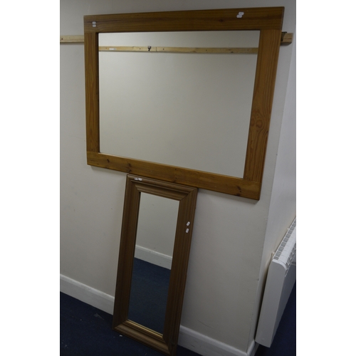 1670 - A MODERN PINE FRAMED RECTANGULAR WALL MIRROR, 120cm x 94cm together with another pine wall mirror (2... 