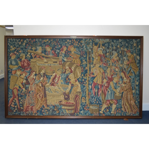 1675 - A LATE 20TH CENTURY MACHINED TAPESTRY DEPICTING A GREAT HARVEST, bear plaque to upper frame inscribe... 