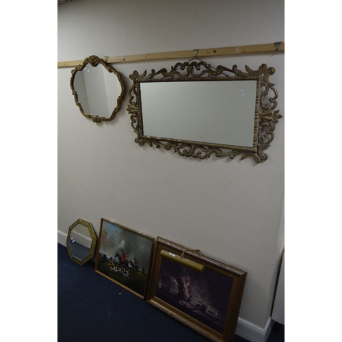 1676 - A MODERN FOLIATE GILT WOOD RECTANGULAR WALL MIRROR, 116cm x 61cm together with two other wall mirror... 