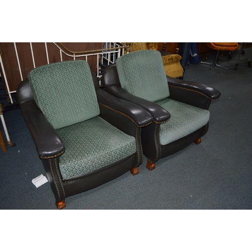 1698 - A PAIR OF EARLY TO MID 20TH CENTURY ART DECO GREEN LEATHERETTE ARMCHAIRS with removable cushions (sd... 