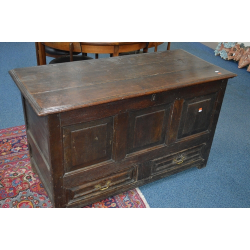 1699 - AN EARLY 18TH CENTURY AND LATER OAK TRIPLE MULE CHEST above two short drawers with brass swan neck h... 