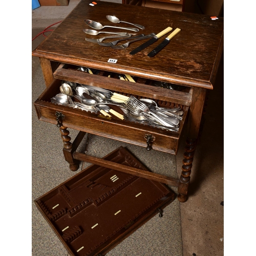 312 - A 1920'S OAK TWO DRAWER TABLE CANTEEN FOR CUTLERY, on barley twist legs, the bottom drawer contains ... 