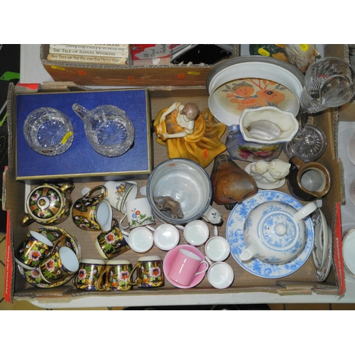 577 - TWO BOXES AND LOOSE CERAMICS, BOOKS, GLASS, etc, to include Staffordshire 'Frog' mug (hairlines), bo... 