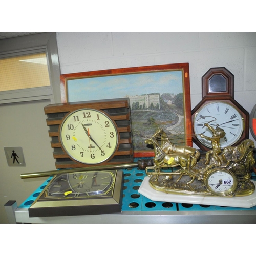 662 - FIVE BOXES AND LOOSE SUNDRY ITEMS to include brass horse and chariot clock, wall mounted brass bell,... 