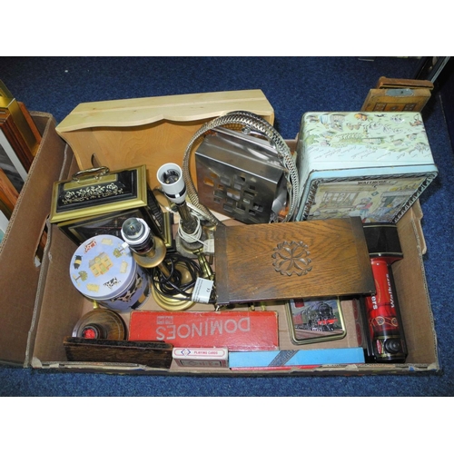 695 - THREE BOXES AND LOOSE SUNDRY ITEMS, PICTURES, ETC, to include Enfield mantel clock (key and pendulum... 