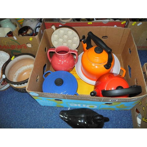 698 - FIVE BOXES AND LOOSE CERAMICS, GLASS, KITCHEN ITEMS ETC, to include Le Creuset orange kettle and blu... 