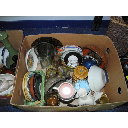 698 - FIVE BOXES AND LOOSE CERAMICS, GLASS, KITCHEN ITEMS ETC, to include Le Creuset orange kettle and blu... 