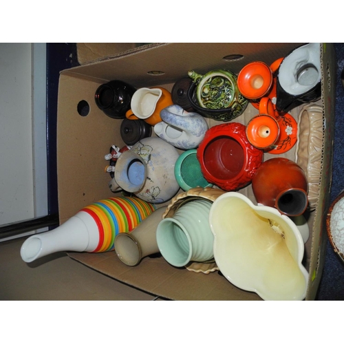 698 - FIVE BOXES AND LOOSE CERAMICS, GLASS, KITCHEN ITEMS ETC, to include Le Creuset orange kettle and blu... 